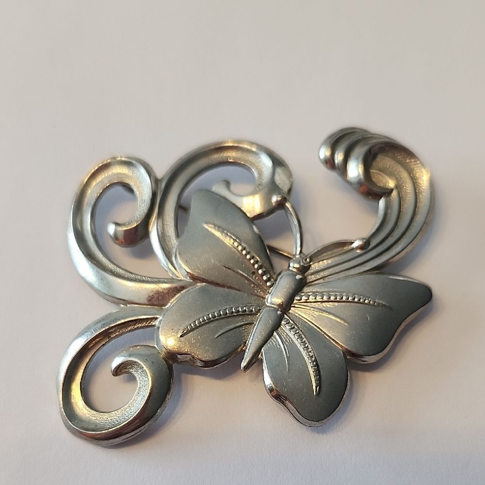 Vintage Butterfly Pin Brooch 2.25" Swirling Branches in Silver Tone